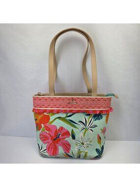 Floral Tote Bag With Genuine Leather Straps Canvas Body & Pink Fringe Trim By Sp